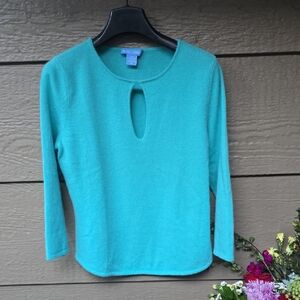 White & Warren 100% Cashmere Aqua Keyhole 3/4 Sleeve Sweater Medium M